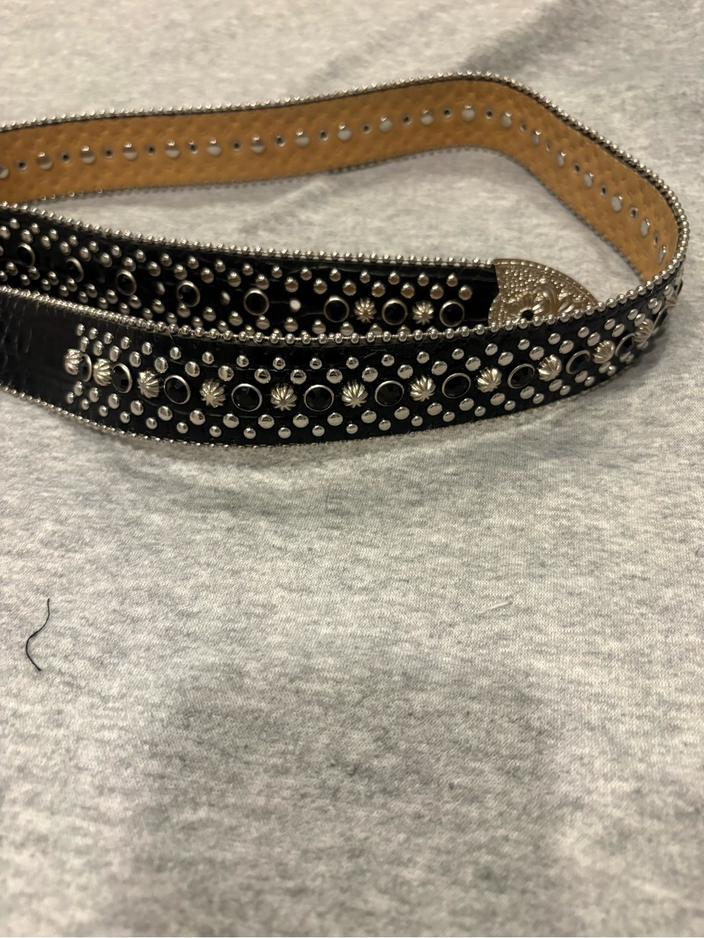 Black Studded Leather Western-Style Belt with Rhinestone Buckle - Picture 4 of 9